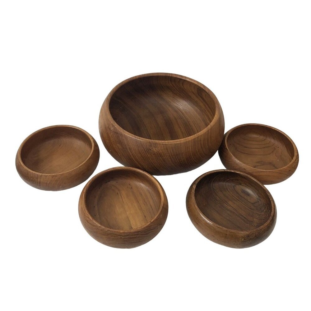 Dolphin Genuine Teakwood Salad Bowl 5 pc Set Wooden Thailand Serve Ware MCM